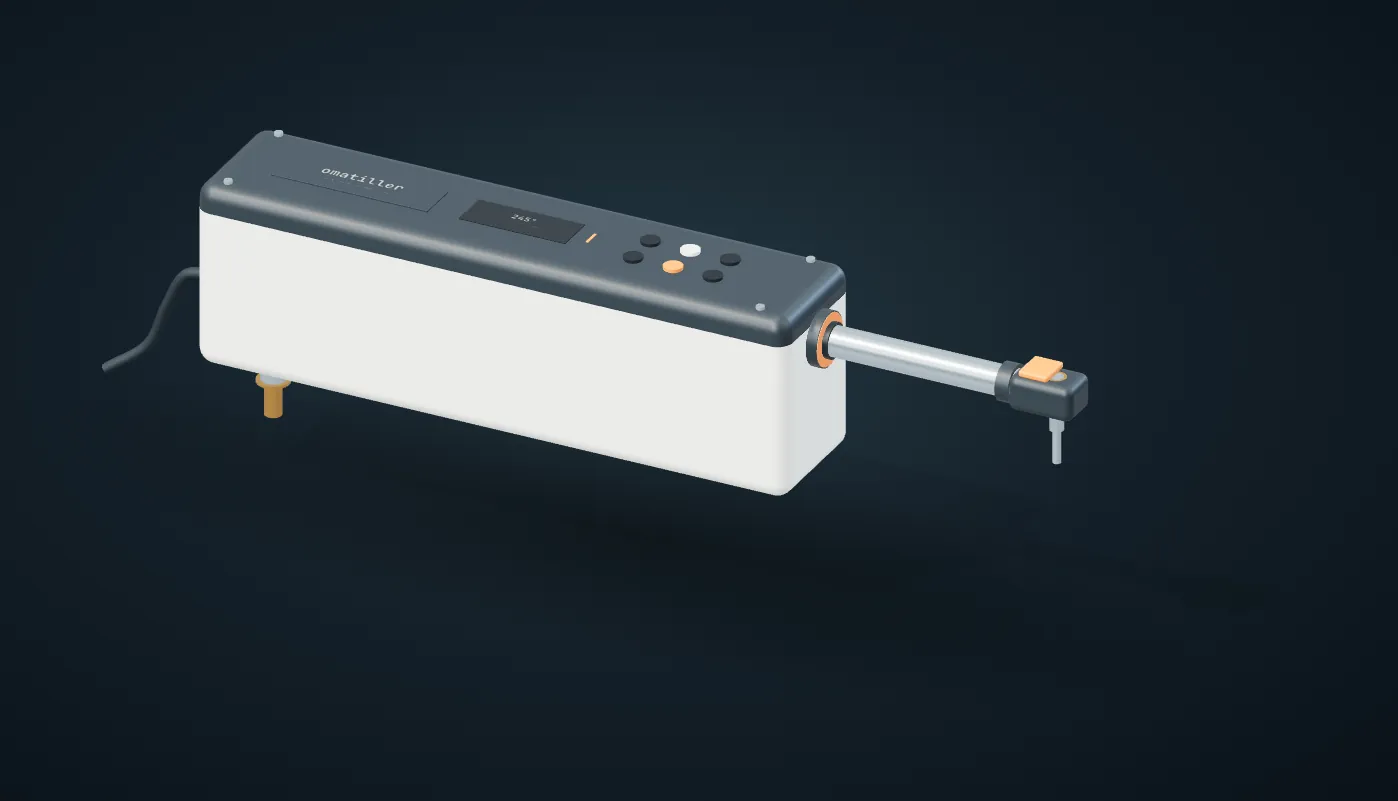 Omatiller concept 02: a pale rounded housing with a graphite service cover and orange controls, a stainless ram ending in a tiller fitting on its pin, a pivot pin and socket underneath, and a keypad and heading display on top.